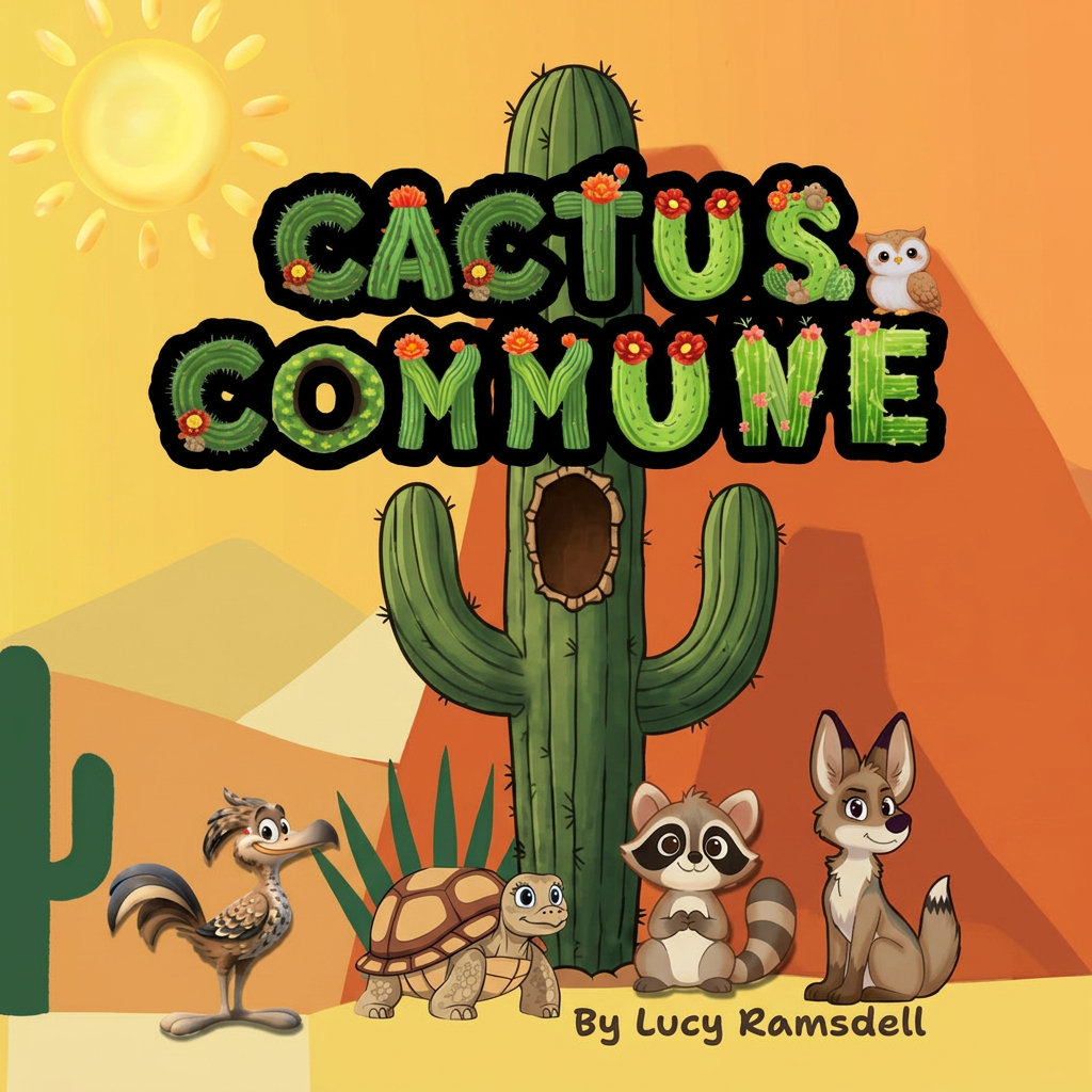 Cactus Commune book cover by Lucy Ramsdell, featuring a ringtailed cat, roadrunner, tortoise and coyote in a desert scene