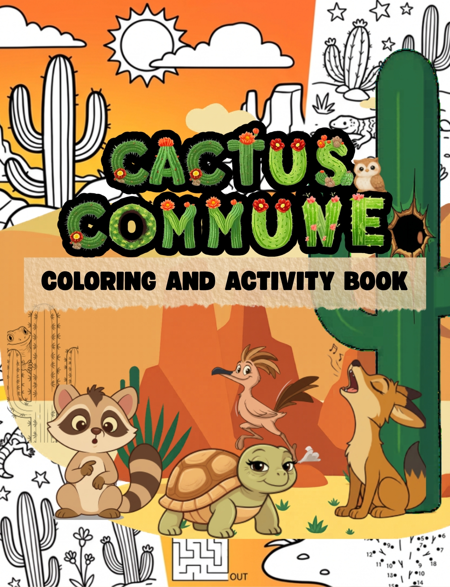 Cactus Commune Coloring and Activity Book cover featuring Ringo, Myrtle, Remy and Yoti in a sunny desert scene