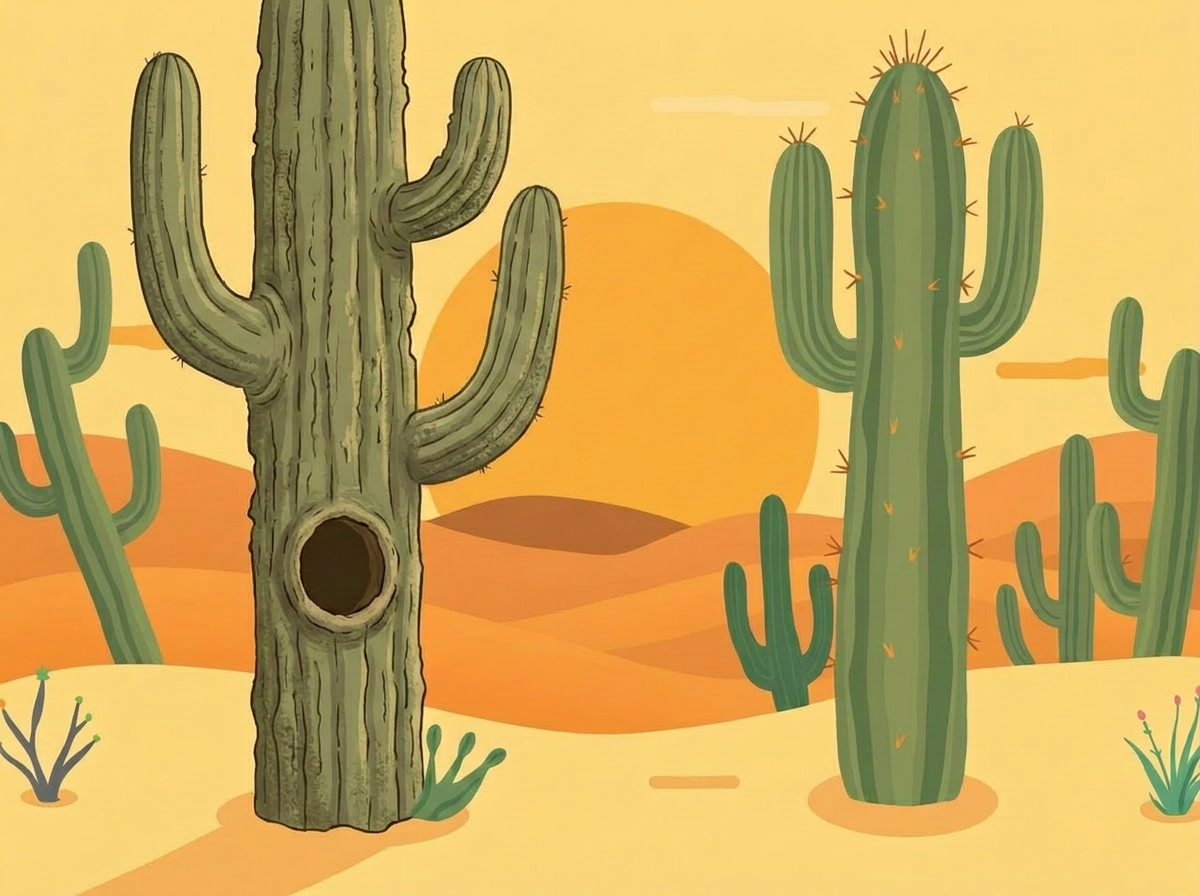 Whimsical saguaro cactus desert scene at sunset